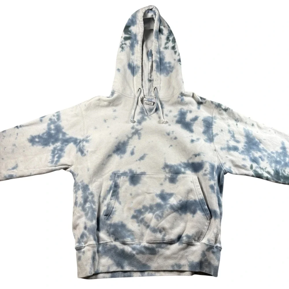VTG Champion Reverse Weave Tie Dye Hoodie Mens M‎ Blue White Cloud Wash Pullover